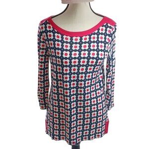 Talbots Womens S Geometric Floral Print Top Navy Red White 3/4 Sleeve Blouse